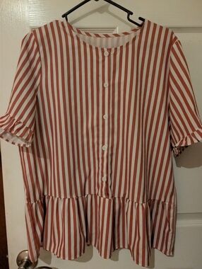 Rust and White Striped Peplum Button Front Blouse